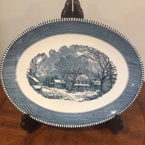 VTG Currier & Ives Old in Winter Blue White Oval Platter Country Farm Scene